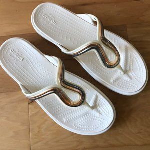 Gold, Silver Metallic and White Crocs Flip Flops
